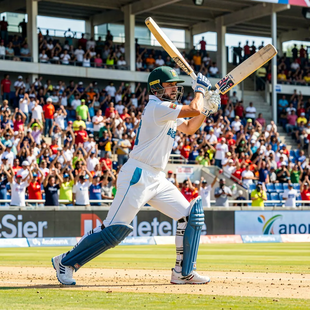Dynamic cricket player executing a powerful shot in a packed stadium under bright sunlight capturing the excitement of live cricket betting with BET JL