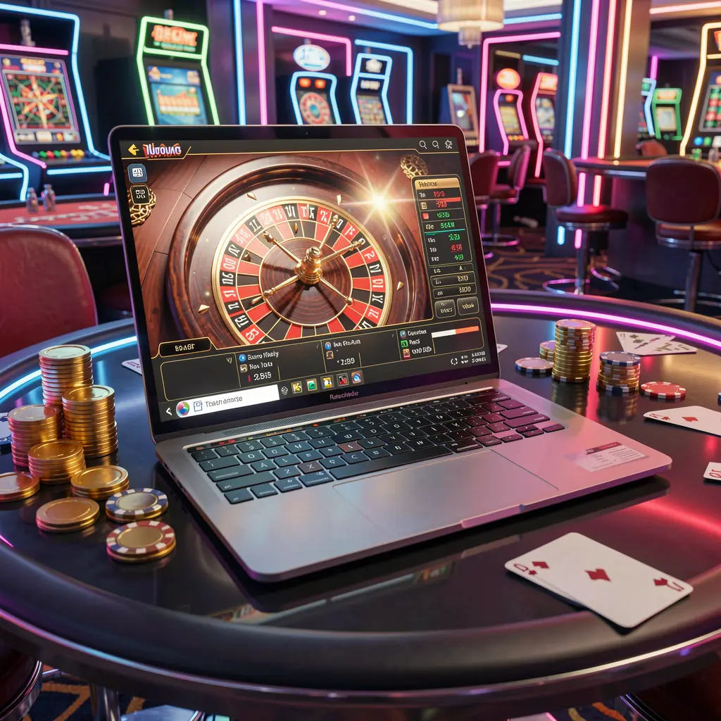 Futuristic online roulette game displayed on a sleek laptop surrounded by casino chips and glowing coins representing the advanced gaming environment of BET JL casino in Bangladesh