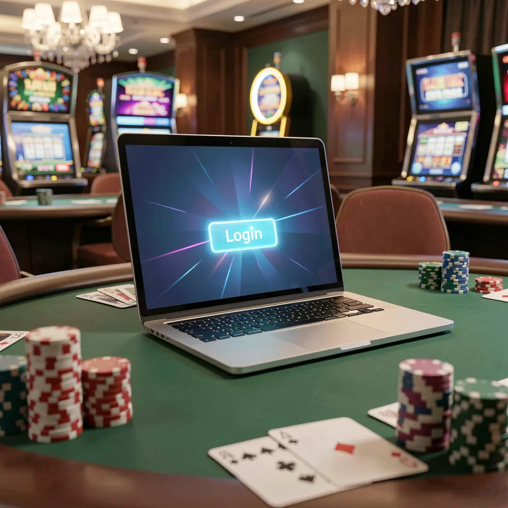 Modern laptop on a casino table with poker chips and cards showing the BET JL login screen for secure access in Bangladesh