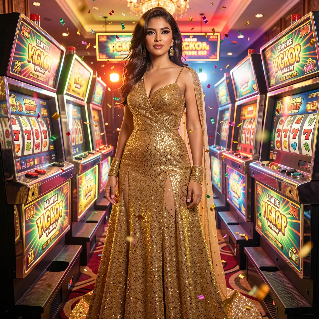 Attractive woman in an elegant golden dress enjoying vibrant slot machines and jackpot excitement at BET JL casino in Bangladesh